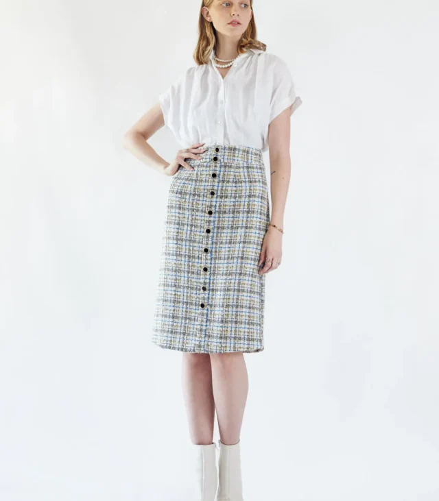 Luxe Plaid Tweed Pencil Skirt