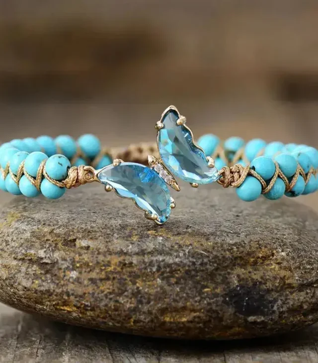 Elegant Turquoise Crystal Butterfly Bracelet - Handcrafted Bohemian Style Jewelry for Women - Image 2