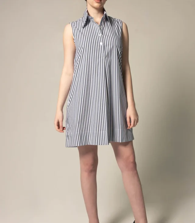 Italian Cotton Blue Stripe Sleeveless Dress