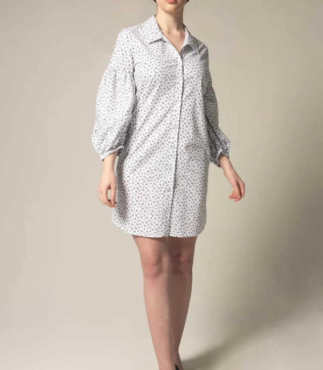 Shirt Dress with Oversized Sleeves in White Floral - Image 2