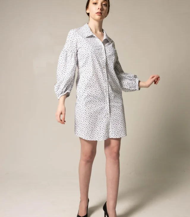 Shirt Dress with Oversized Sleeves in White Floral - Image 4