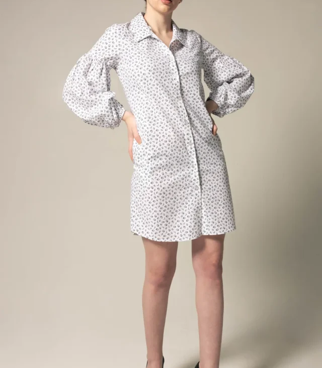 Shirt Dress with Oversized Sleeves in White Floral - Image 5