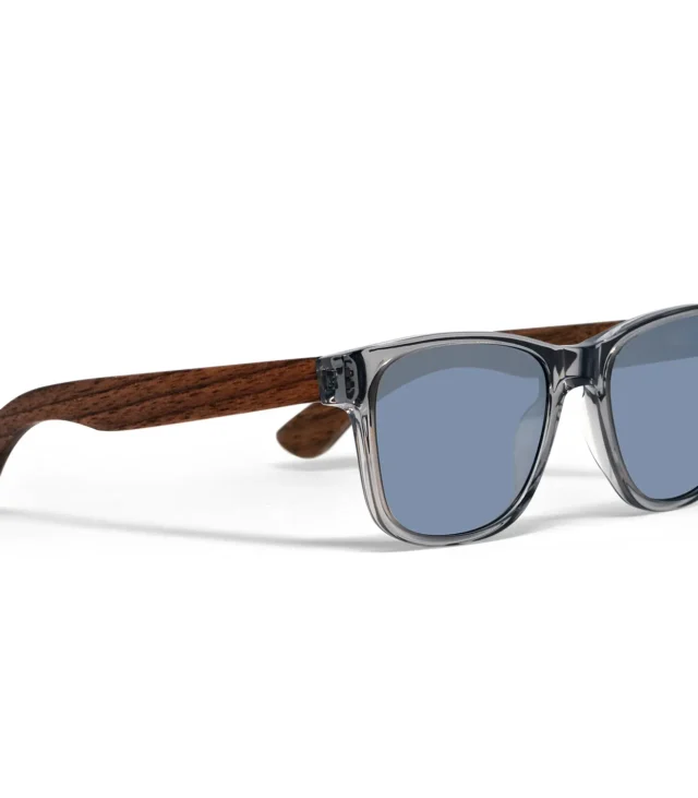 Walnut wood classic style sunglasses with semi-transparent grey frame and silver mirrored polarized lenses - Image 3