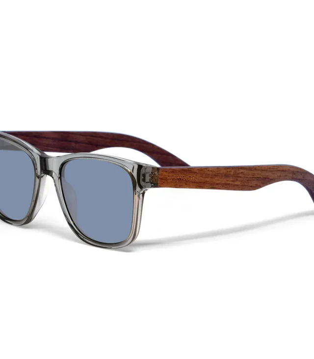 Walnut wood classic style sunglasses with semi-transparent grey frame and silver mirrored polarized lenses