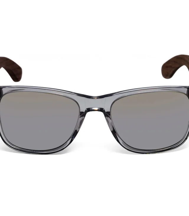 Walnut wood classic style sunglasses with semi-transparent grey frame and silver mirrored polarized lenses - Image 2