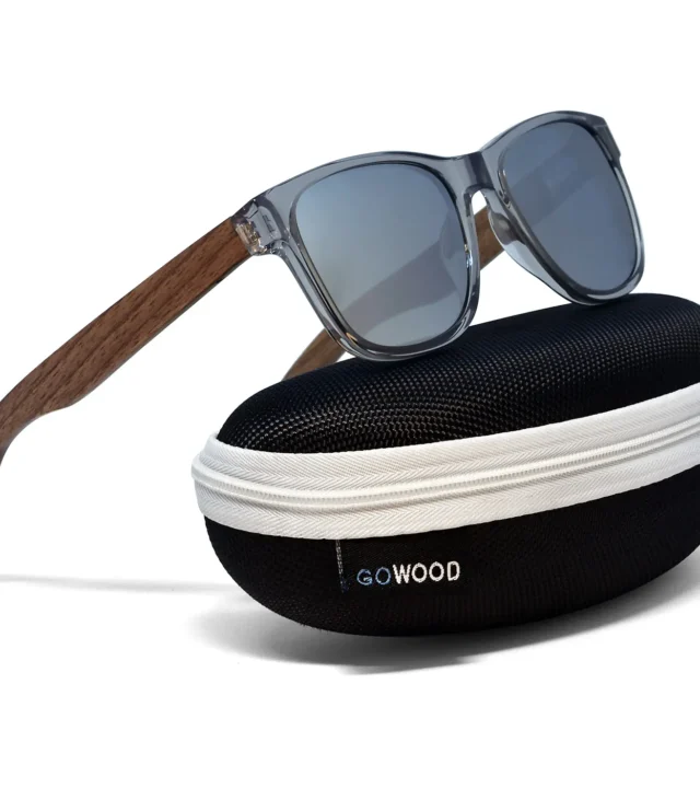 Walnut wood classic style sunglasses with semi-transparent grey frame and silver mirrored polarized lenses - Image 4