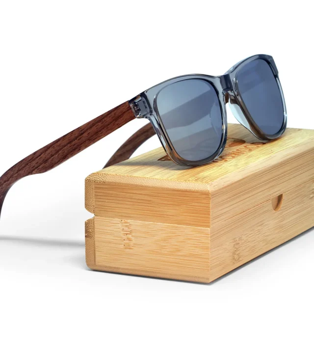 Walnut wood classic style sunglasses with semi-transparent grey frame and silver mirrored polarized lenses - Image 5