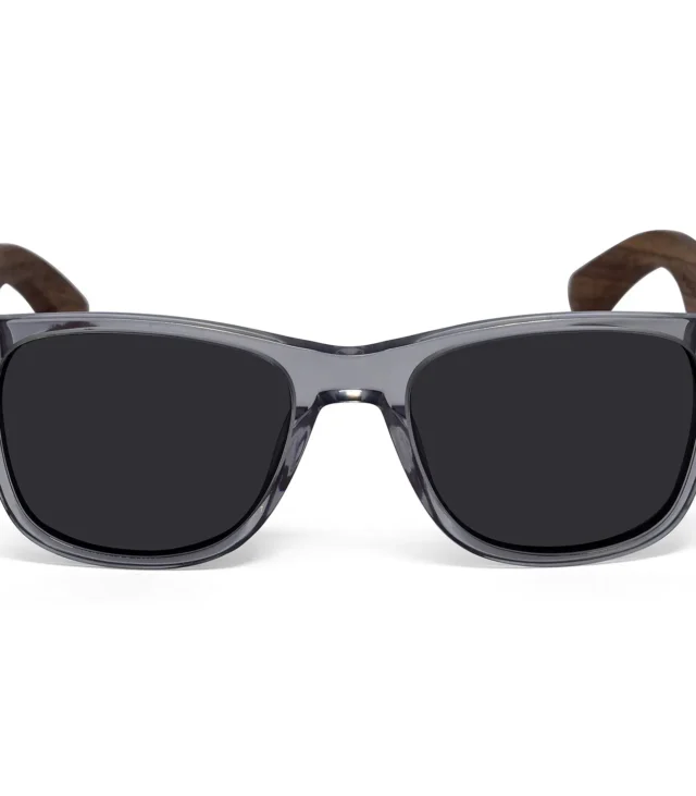 Walnut wood classic style sunglasses with semi-transparent grey frame and black polarized lenses - Image 2