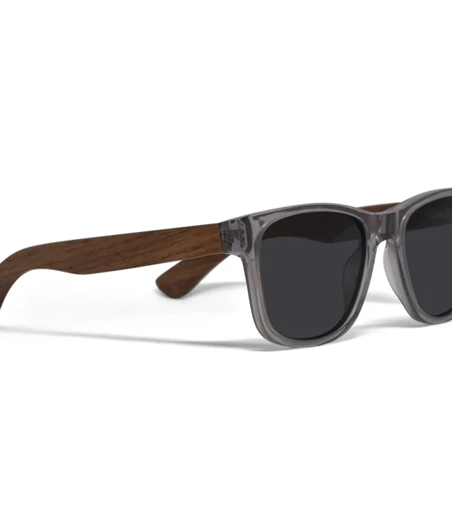 Walnut wood classic style sunglasses with semi-transparent grey frame and black polarized lenses - Image 3