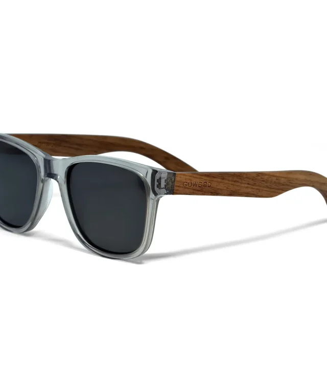 Walnut wood classic style sunglasses with semi-transparent grey frame and black polarized lenses