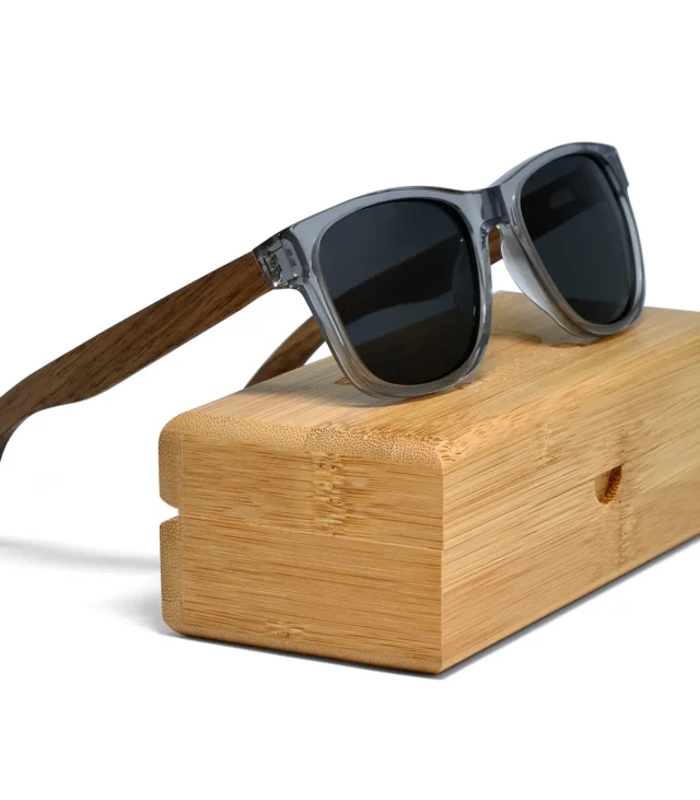 Walnut wood classic style sunglasses with semi-transparent grey frame and black polarized lenses - Image 6