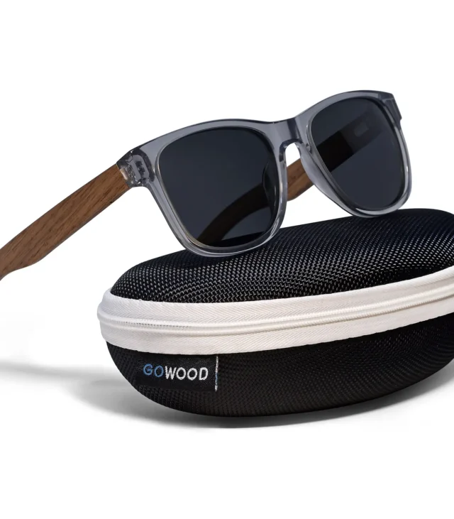 Walnut wood classic style sunglasses with semi-transparent grey frame and black polarized lenses - Image 8