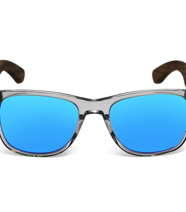 Walnut wood classic style sunglasses with semi-transparent grey frame and blue mirrored polarized lenses - Image 2