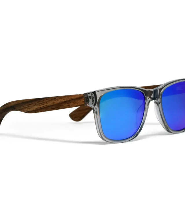 Walnut wood classic style sunglasses with semi-transparent grey frame and blue mirrored polarized lenses - Image 3