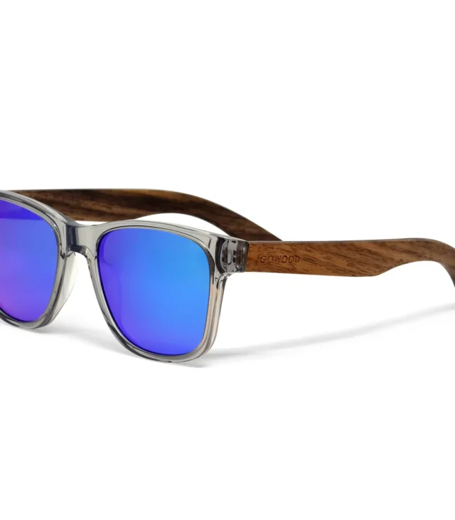 Walnut wood classic style sunglasses with semi-transparent grey frame and blue mirrored polarized lenses