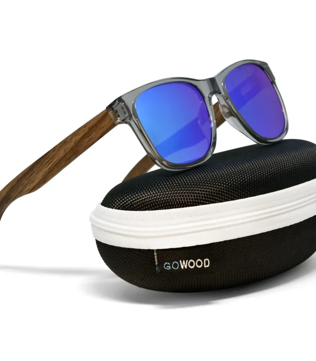 Walnut wood classic style sunglasses with semi-transparent grey frame and blue mirrored polarized lenses - Image 4