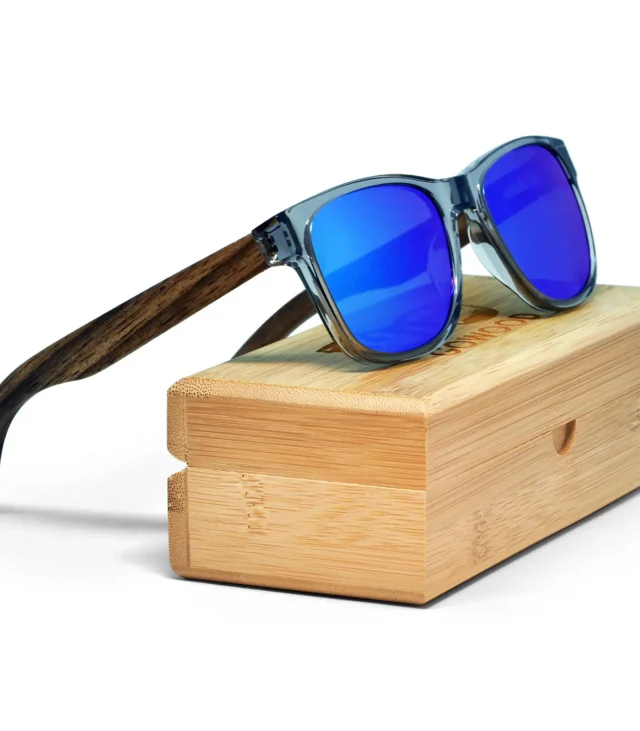 Walnut wood classic style sunglasses with semi-transparent grey frame and blue mirrored polarized lenses - Image 6