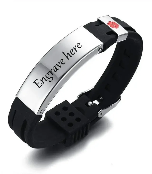 Custom Engraved Medical Alert Bracelet for Men & Women - Adjustable Stainless Steel, Black, 15mm Width